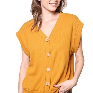 Women’s Mustard Color Knitted Button Down Front Sweater Vest Sleeveless Top